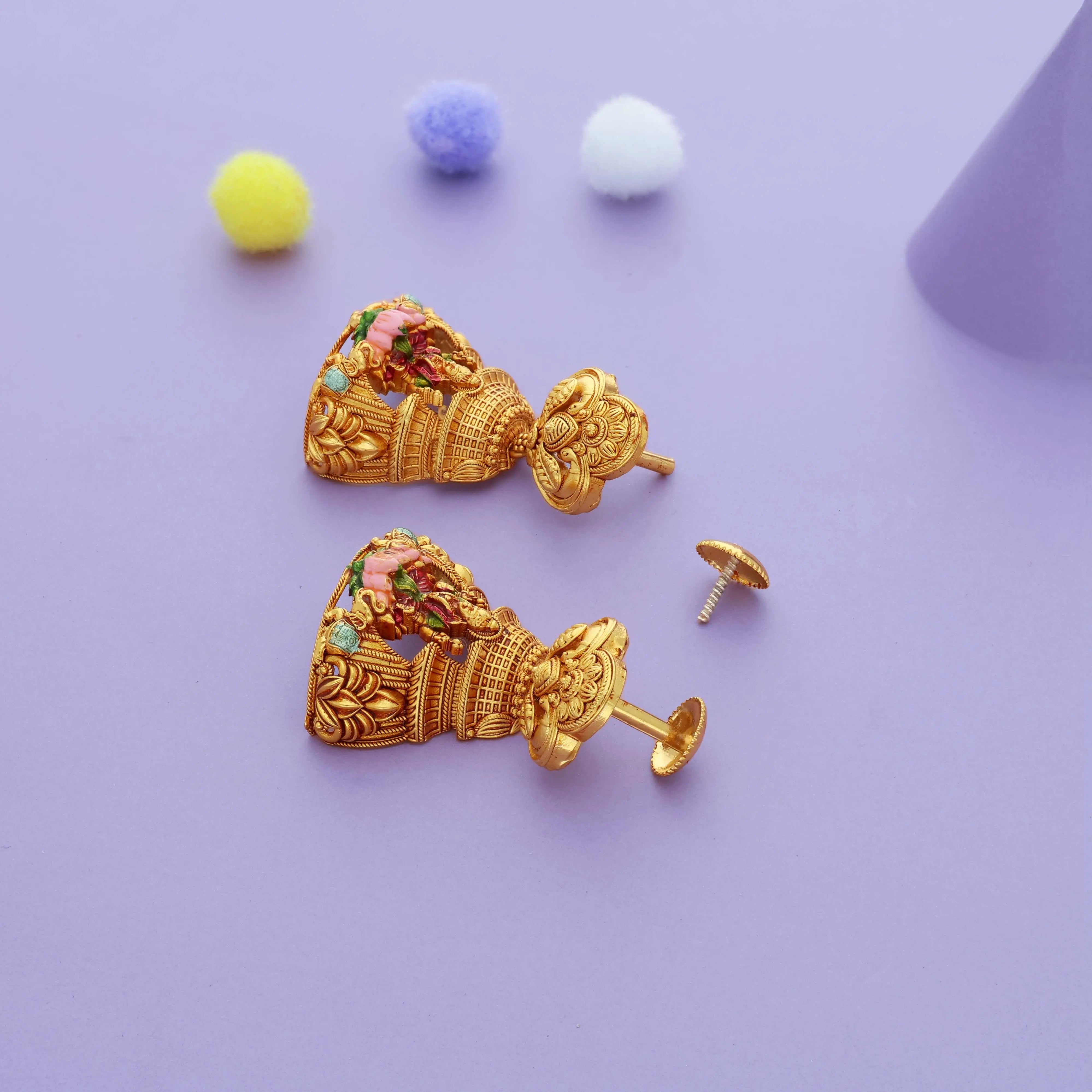 Divine Lakshmi Temple Design Gold Polish 925 Silver Traditional Women Earring