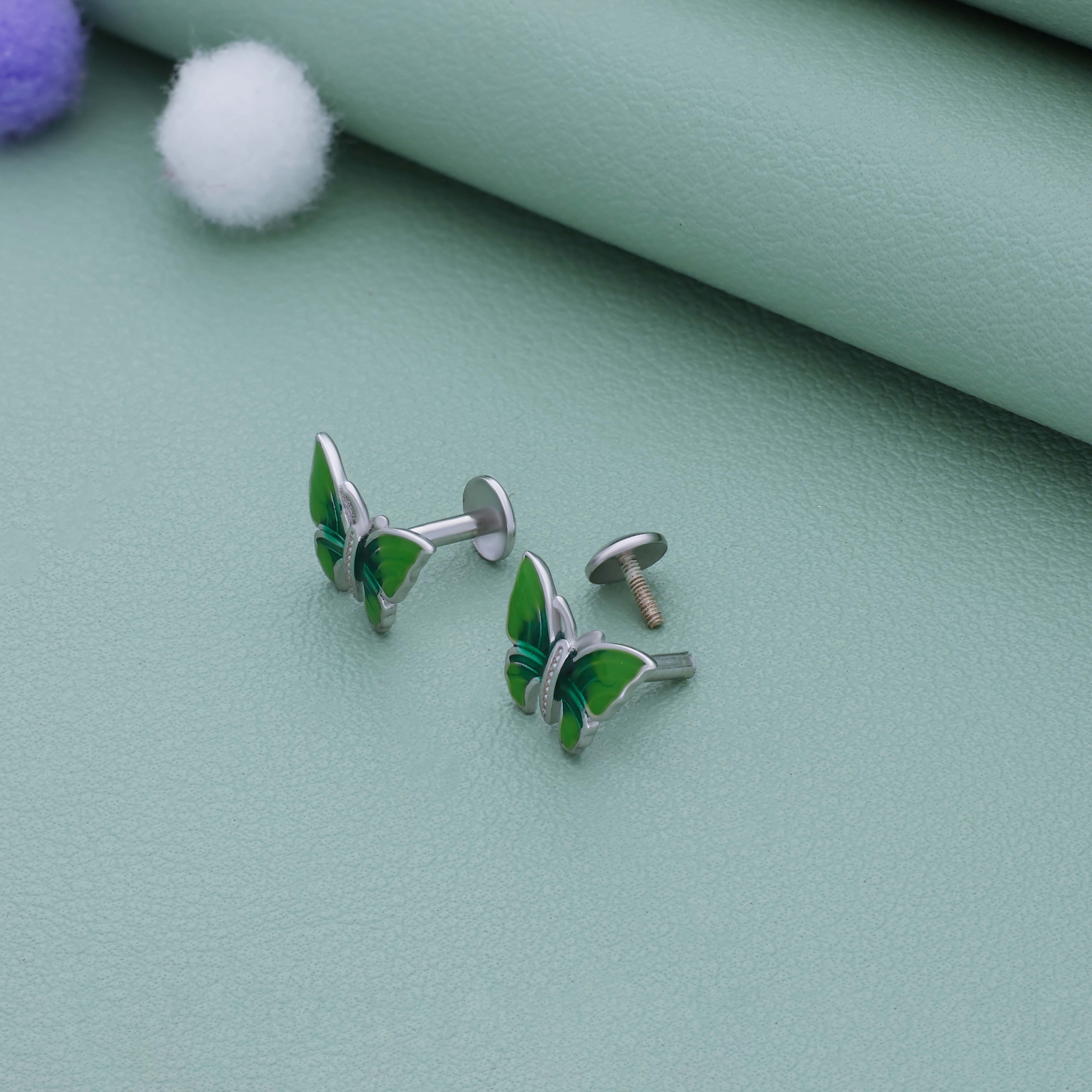Green Butterfly 925 Silver Stud for Kids & Teen(10+ Yrs)