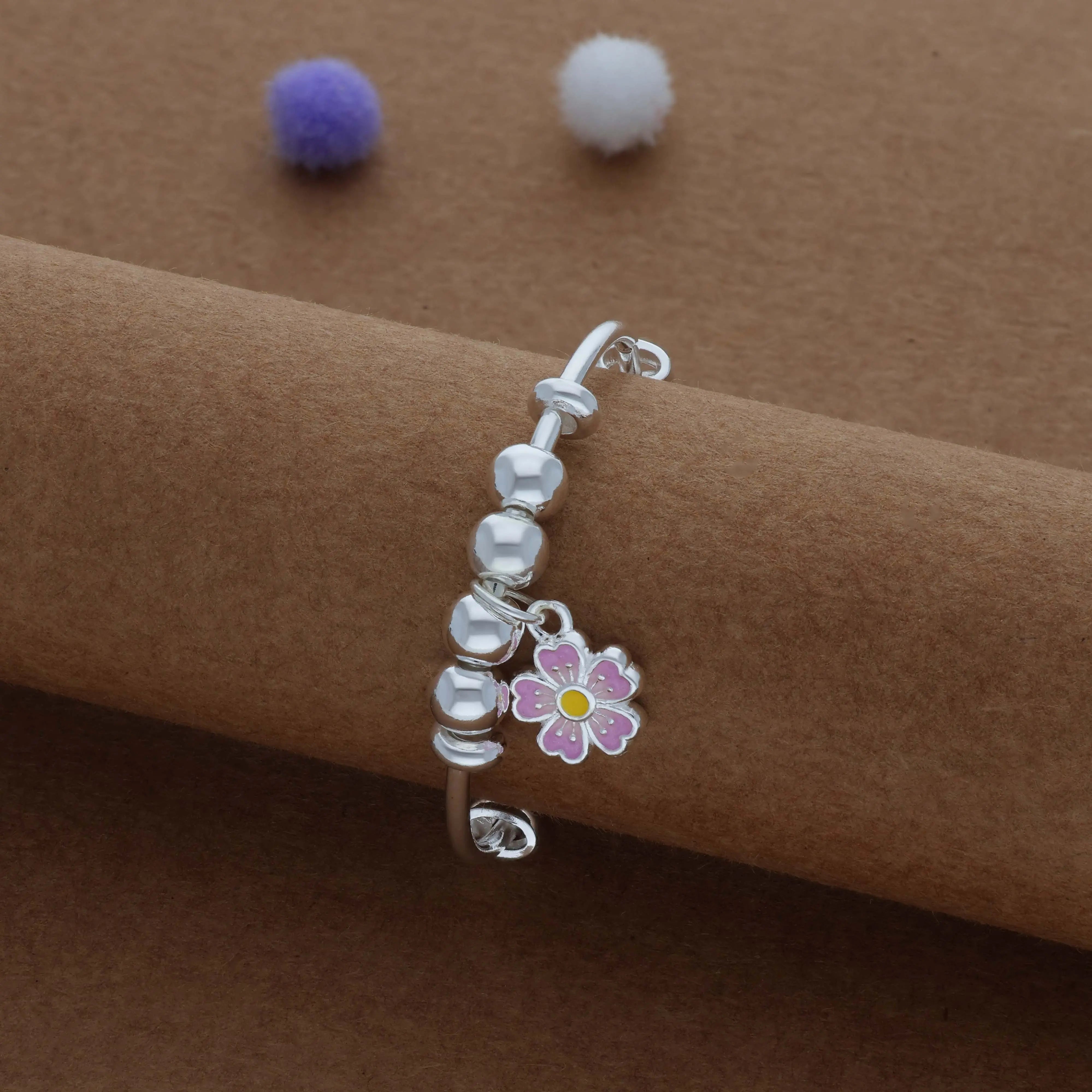 Pink Petal Sweet Drop Kid Silver Bangles (0-3 Yrs) | 999 Hallmark | Adjustable Daily Wear Baby Kada