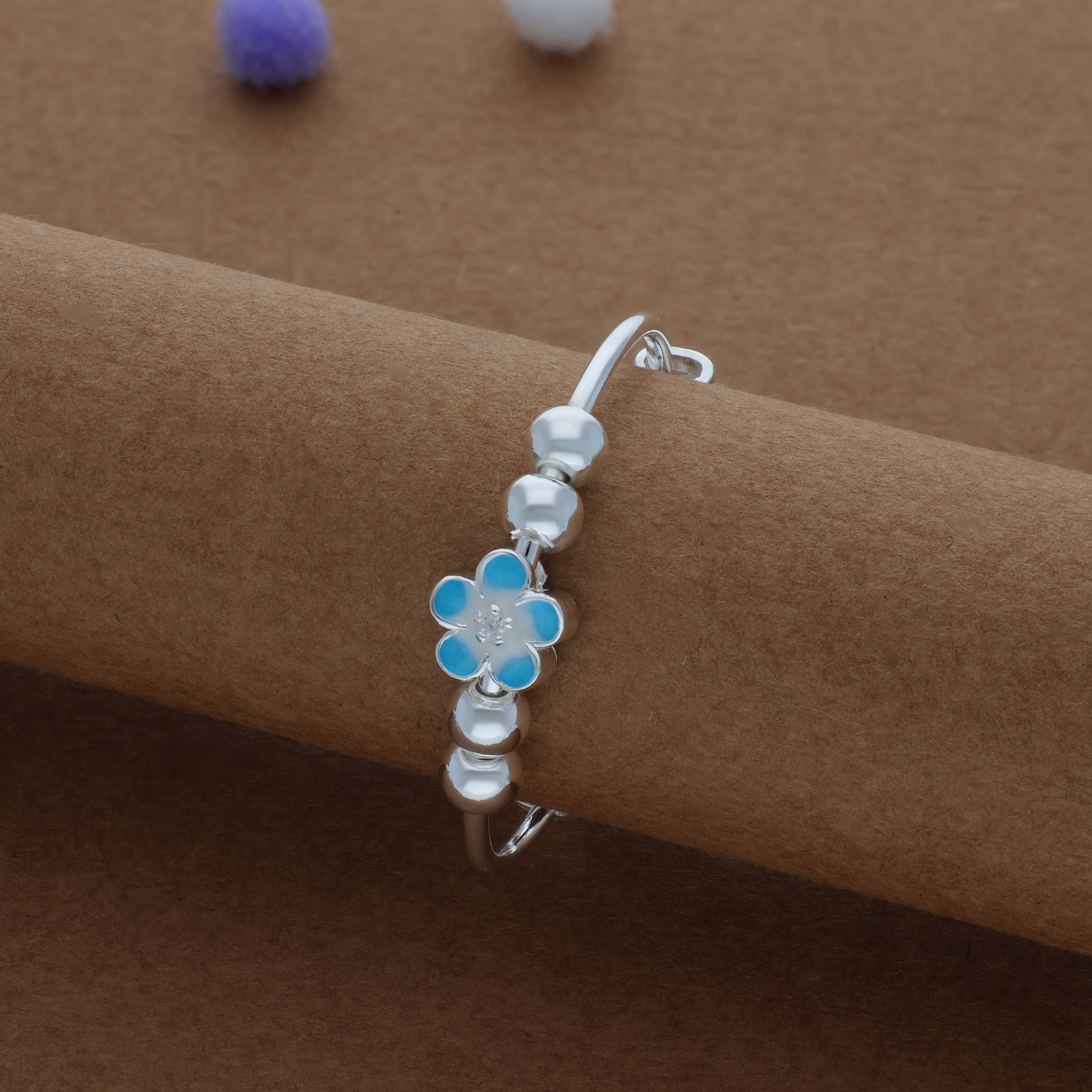 Sky Blue Bloosam Kid Silver Bangles (0-3 Yrs) | 999 Hallmark | Adjustable Daily Wear Baby Kada