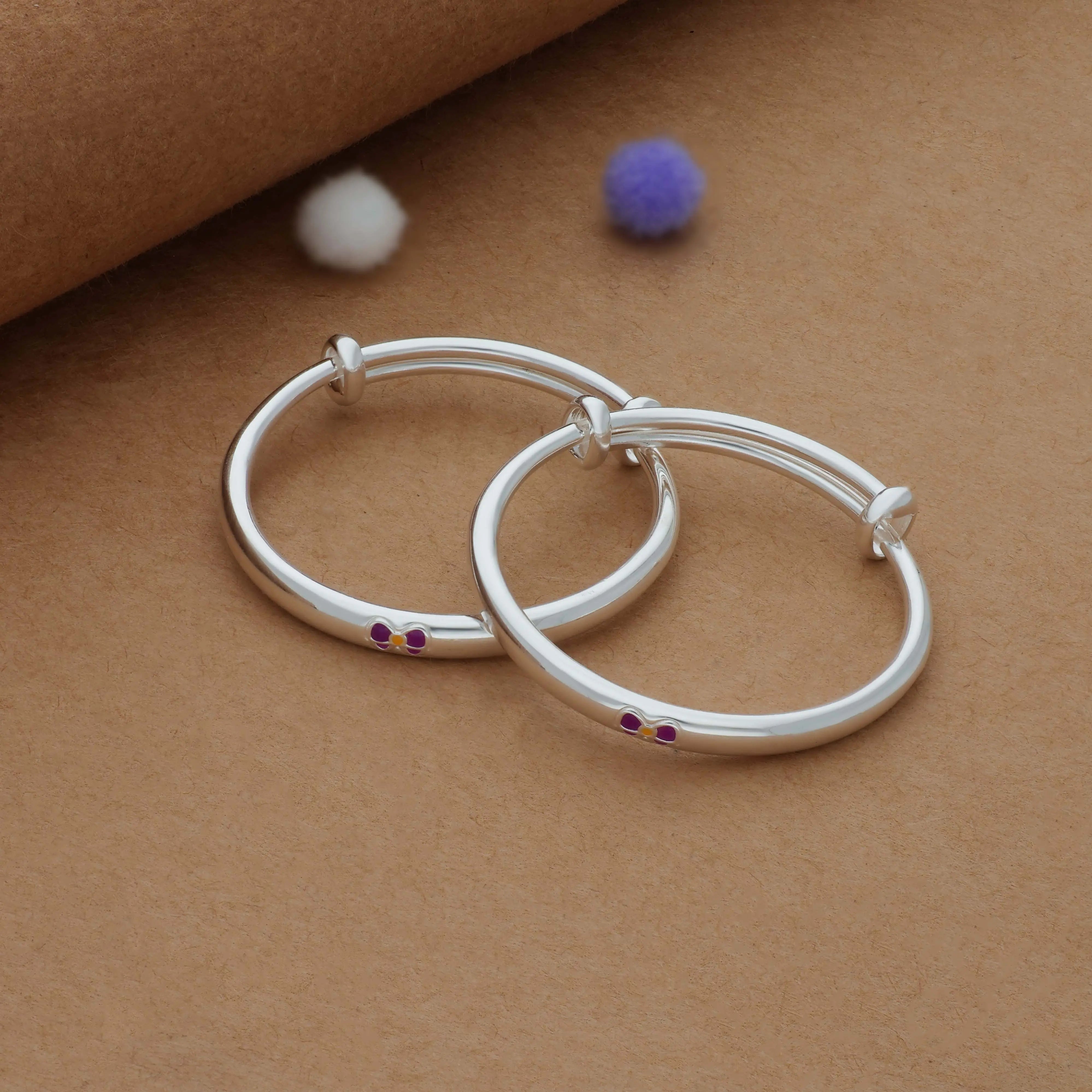Minimalist Bow Kid Silver Bangles (0-3 Yrs) | 999 Hallmark | Adjustable Baby Bangle for Daily Wear