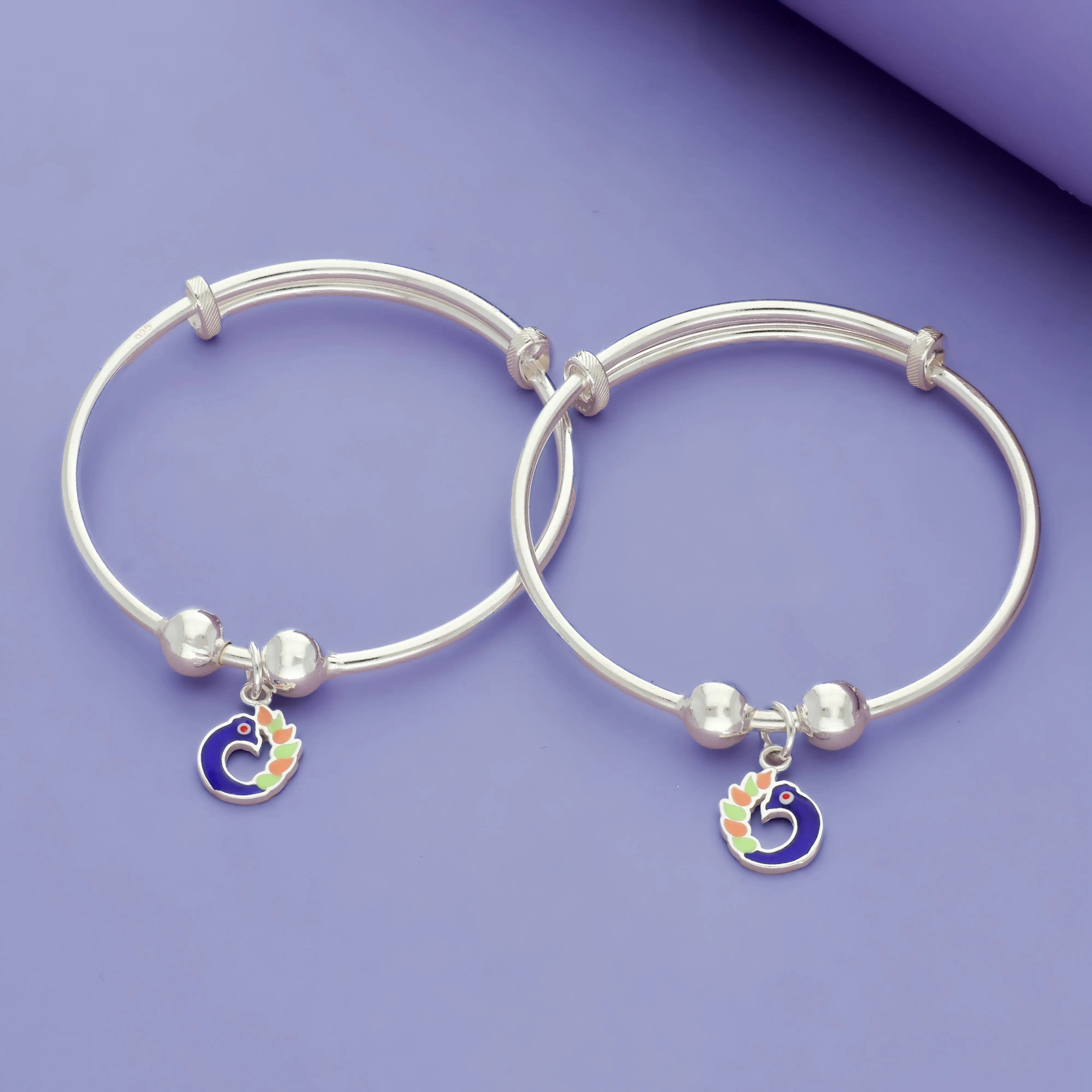 925 Silver Adjustable Kids Bangle with Peacock Dangle Charm