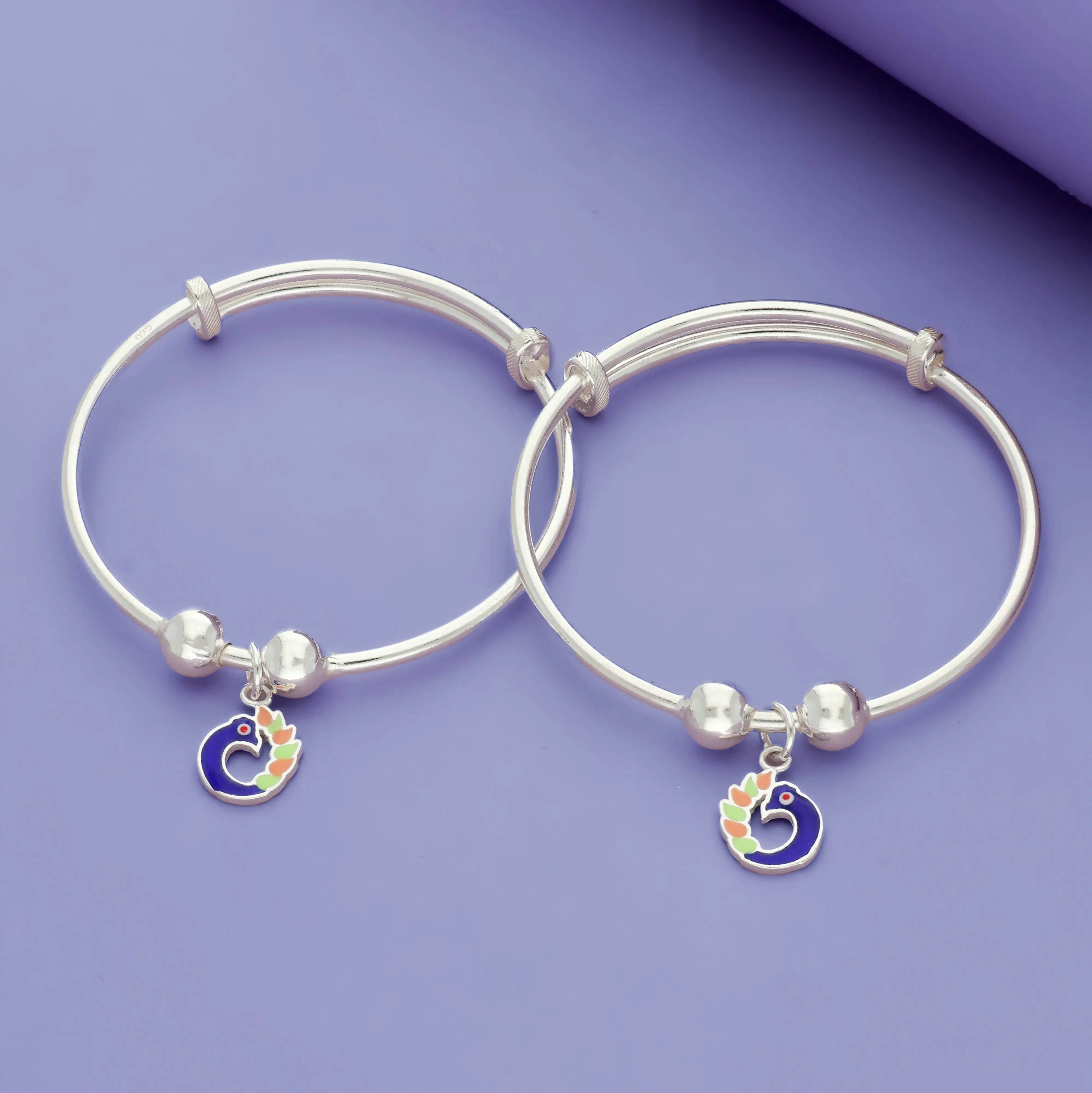 925 Silver Adjustable Kids Bangle with Peacock Dangle Charm