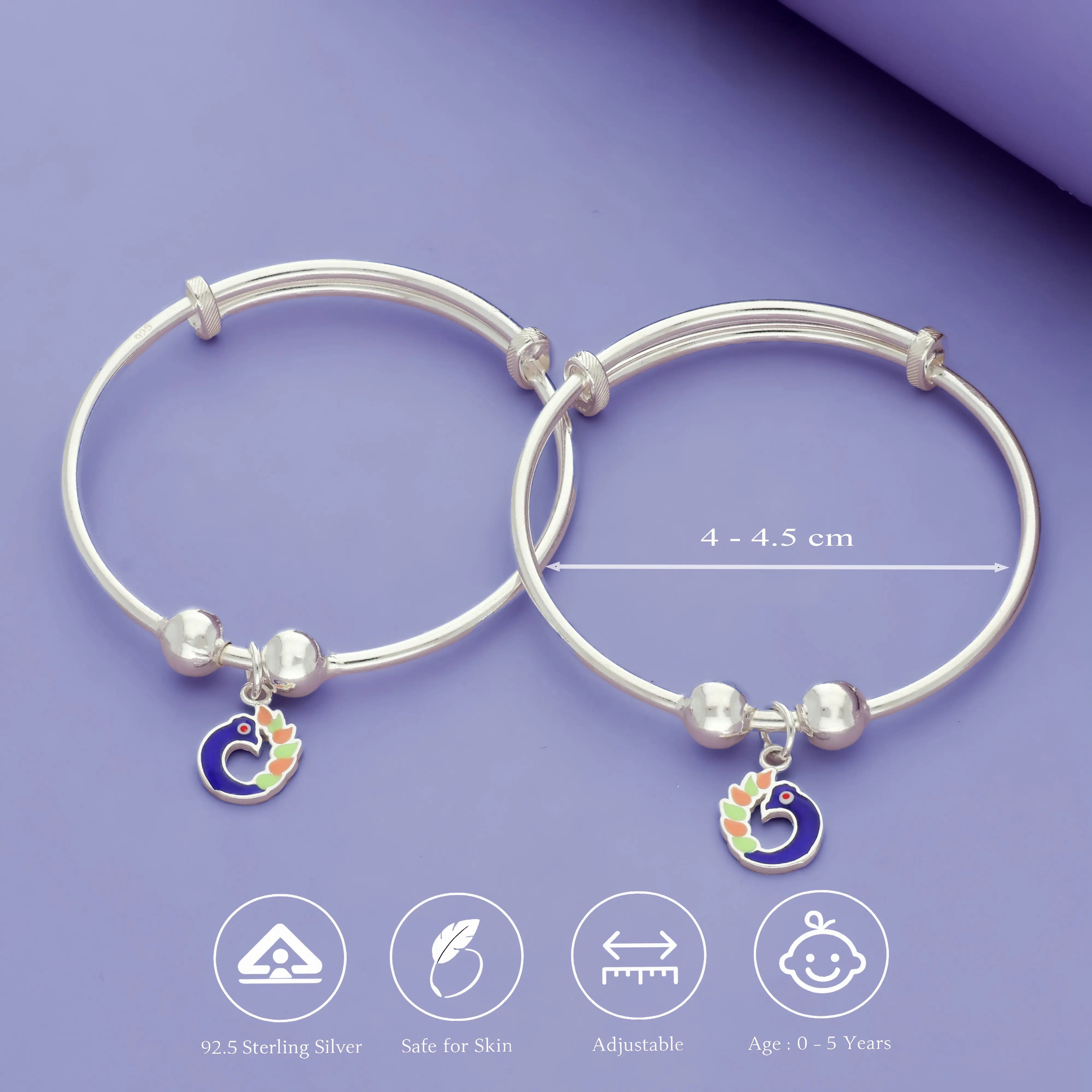 925 Silver Adjustable Kids Bangle with Peacock Dangle Charm