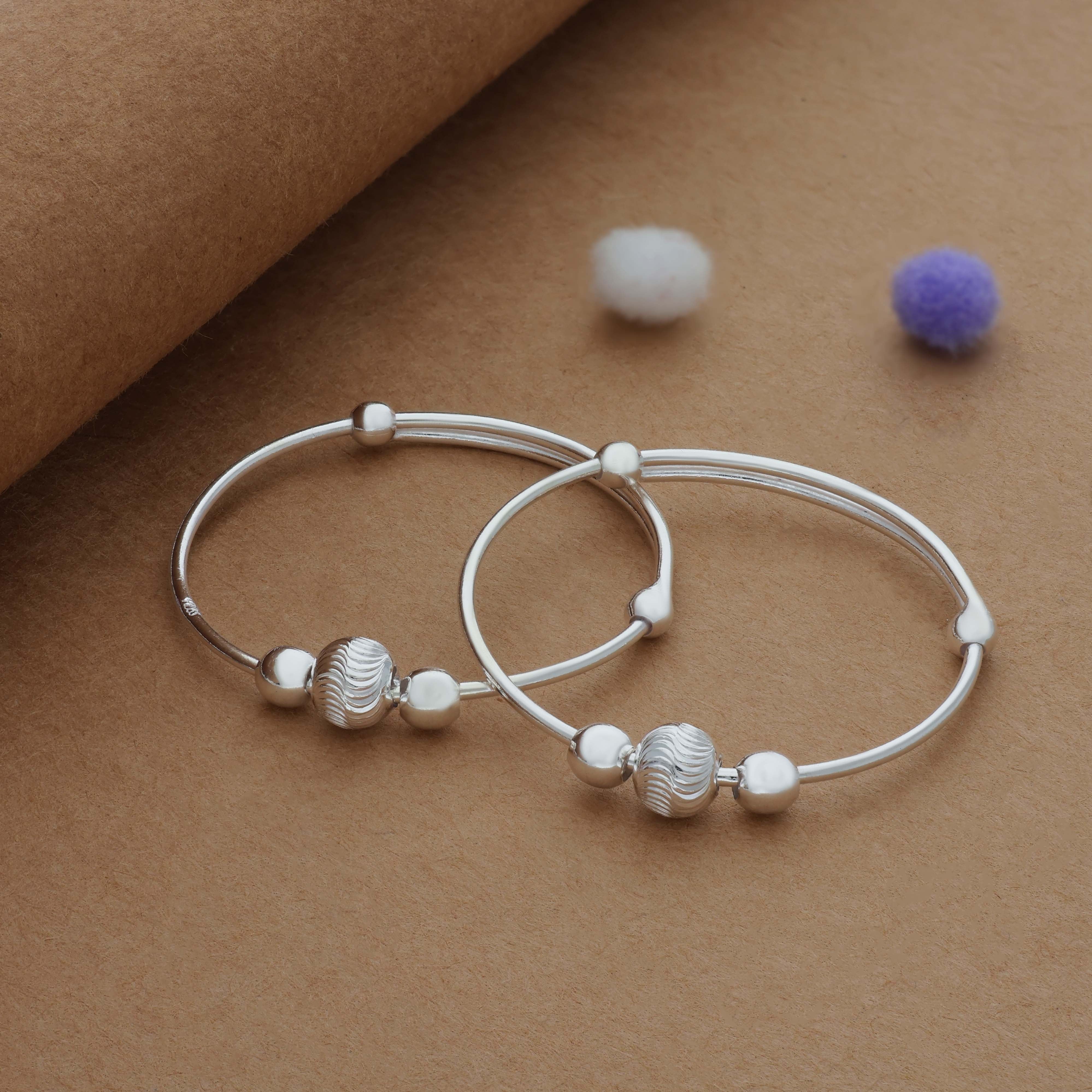 Classic Bead 925 Silver Kid Bangles for Daily Use (0-2 Yrs)
