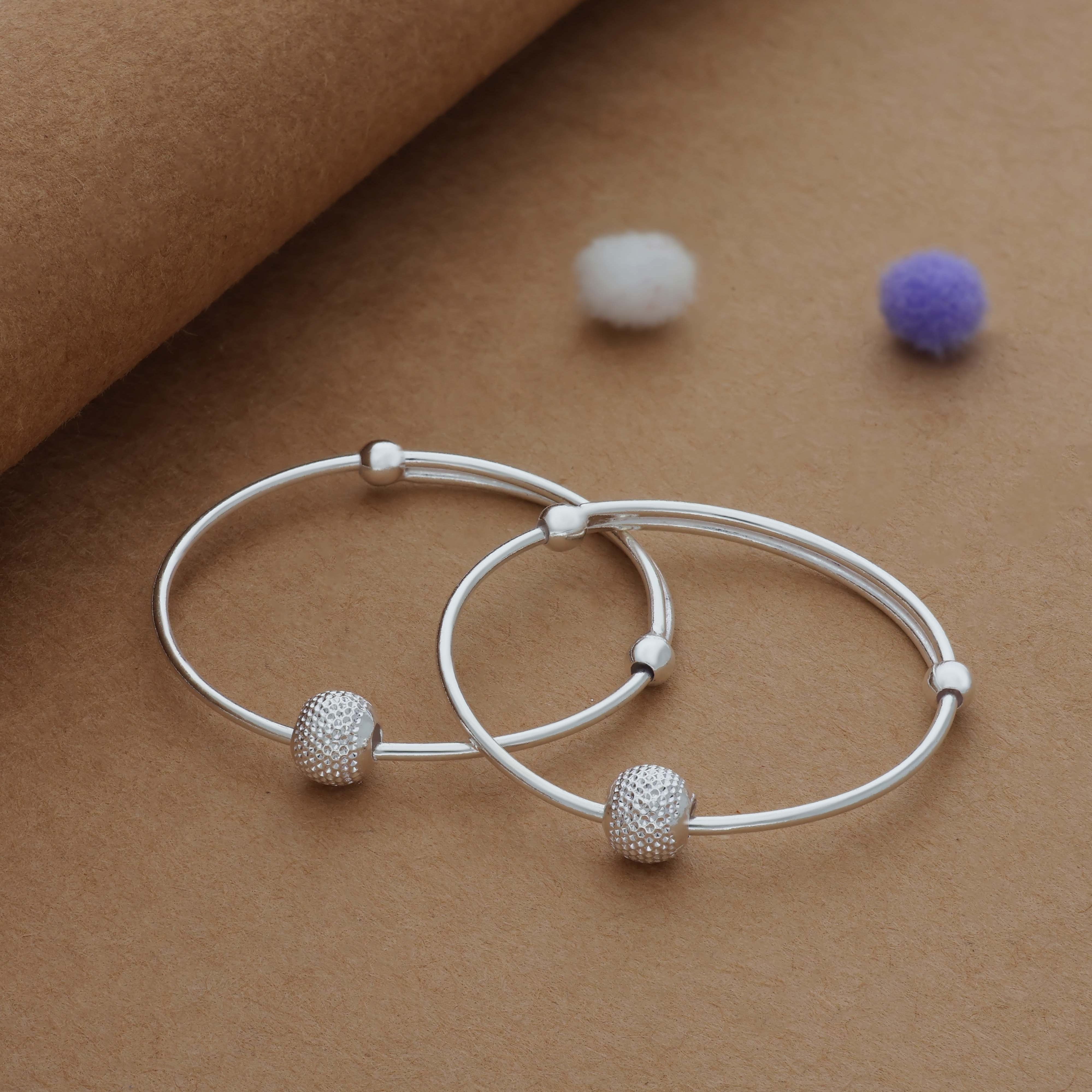Simple Bead 925 Silver Kid Bangles for Daily Use (0-2 Yrs)