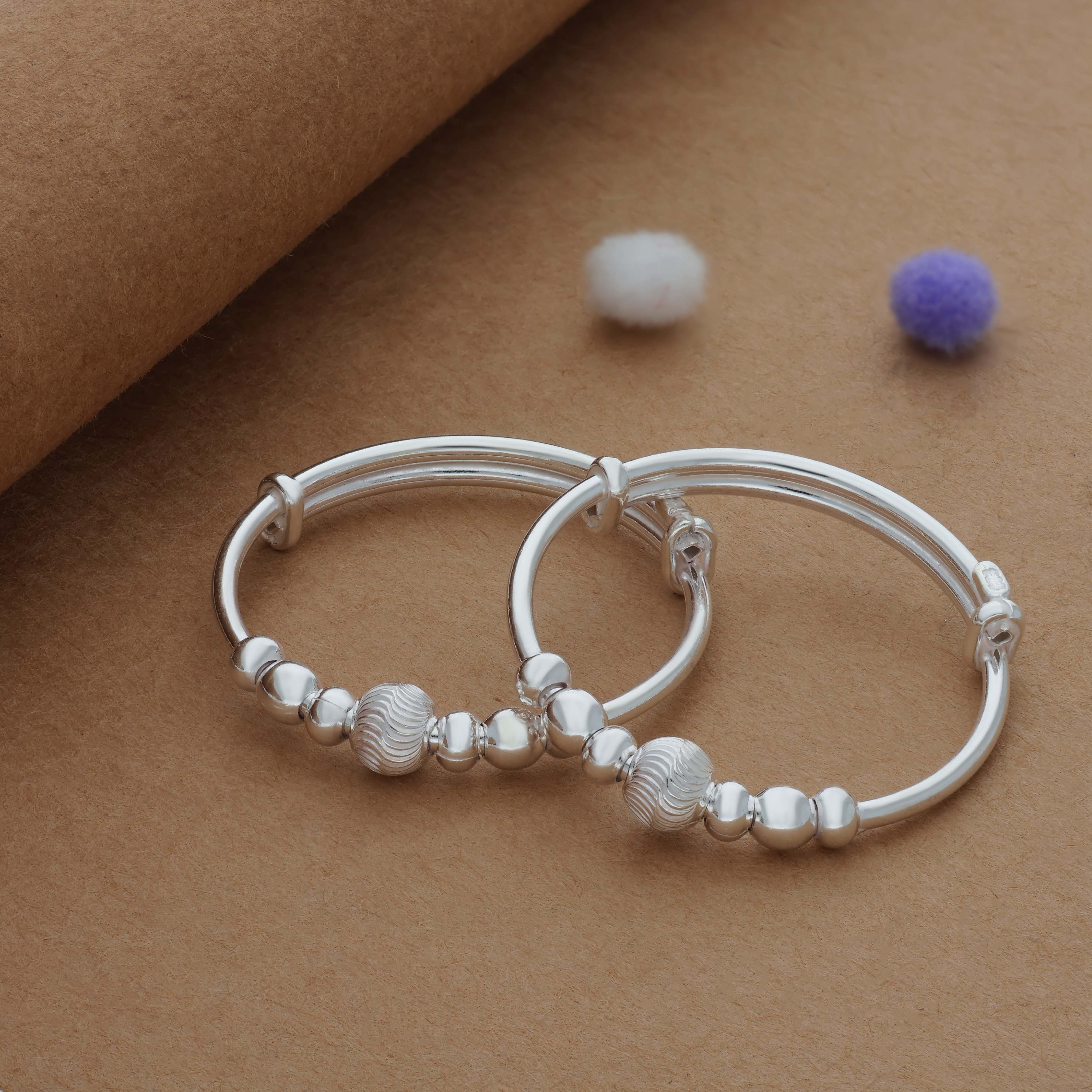 Cute Ball Bead 925 Silver Kid Bangles for Daily Use (0-5 Yrs)