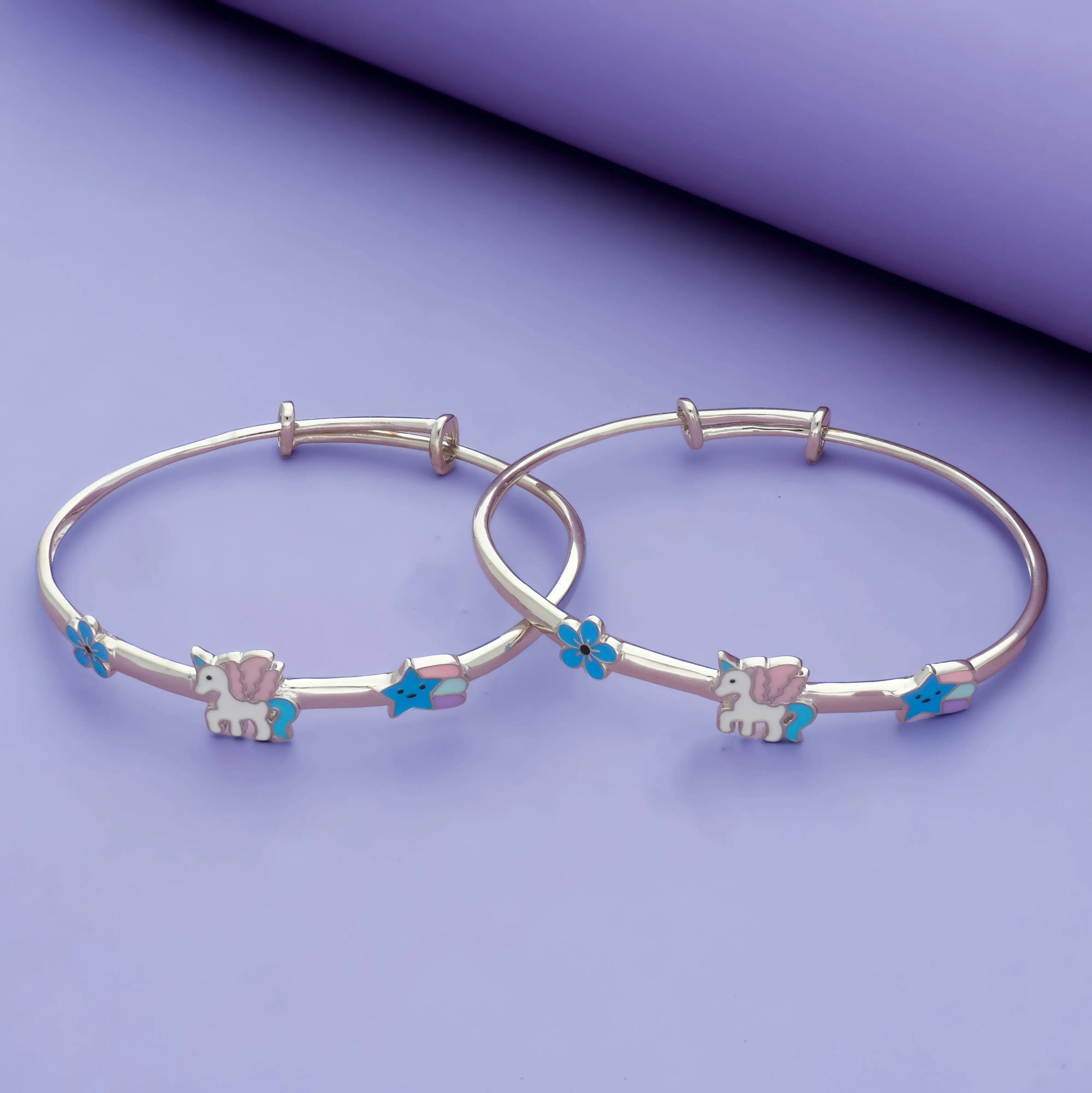Floral Unicorn Kids Adjustable Bangles Silver