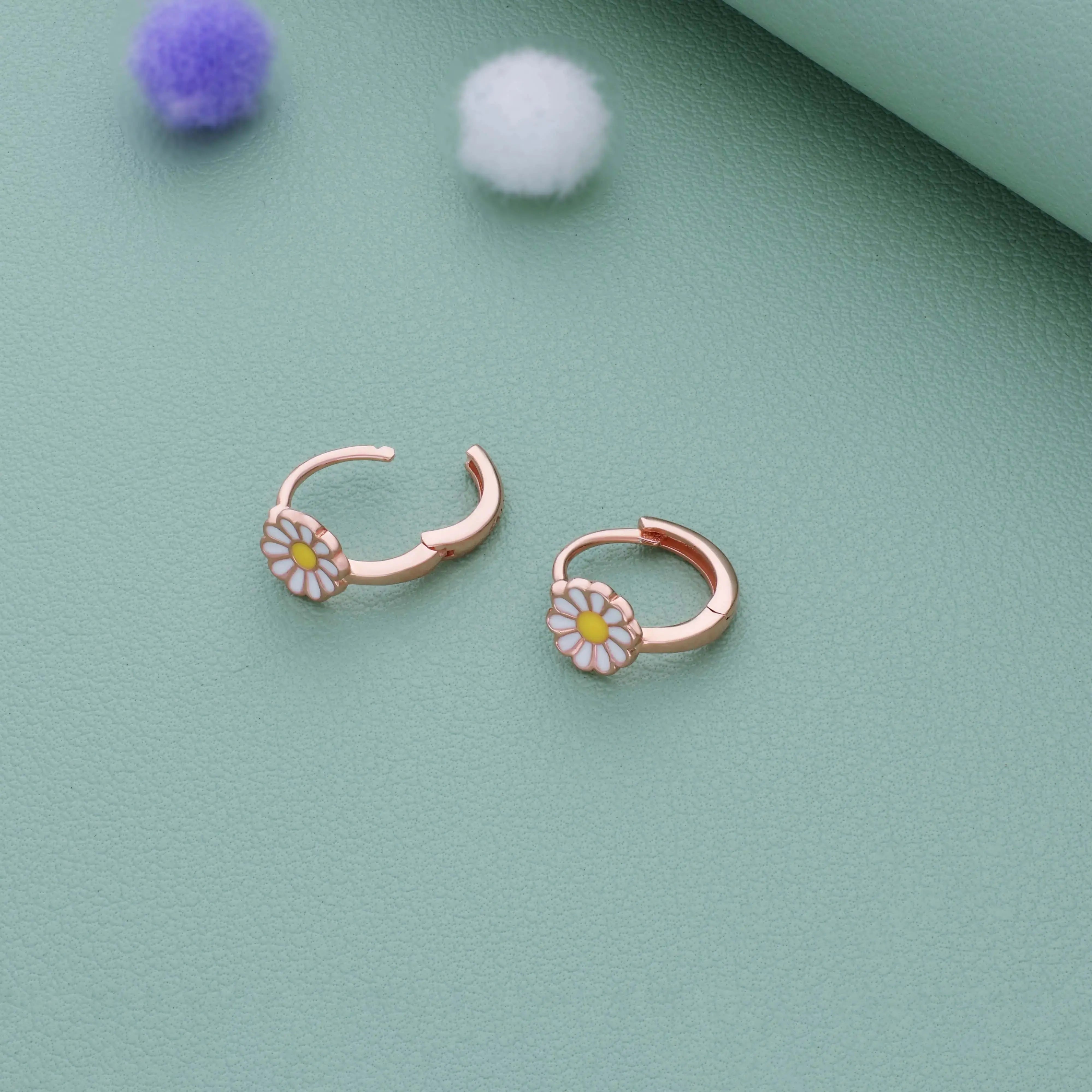 White Flower Rose Gold Polish 925 Silver Kid Hoop Earring(3+ Yrs)