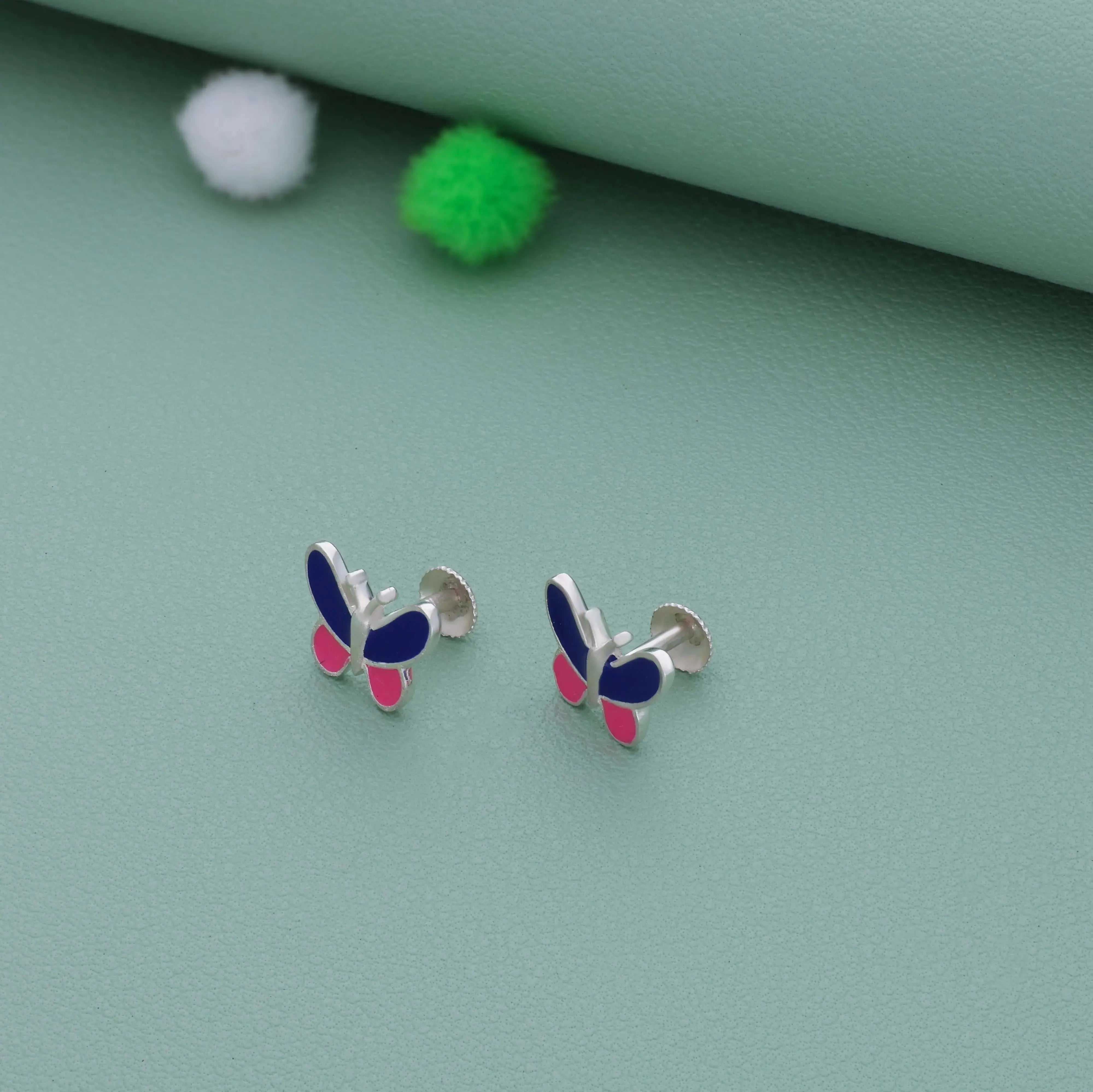 Blue-Pink Enamel Butterfly Silver Kid Stud Earring (6+ Yrs) | 925 Hallmark | Everyday Wear