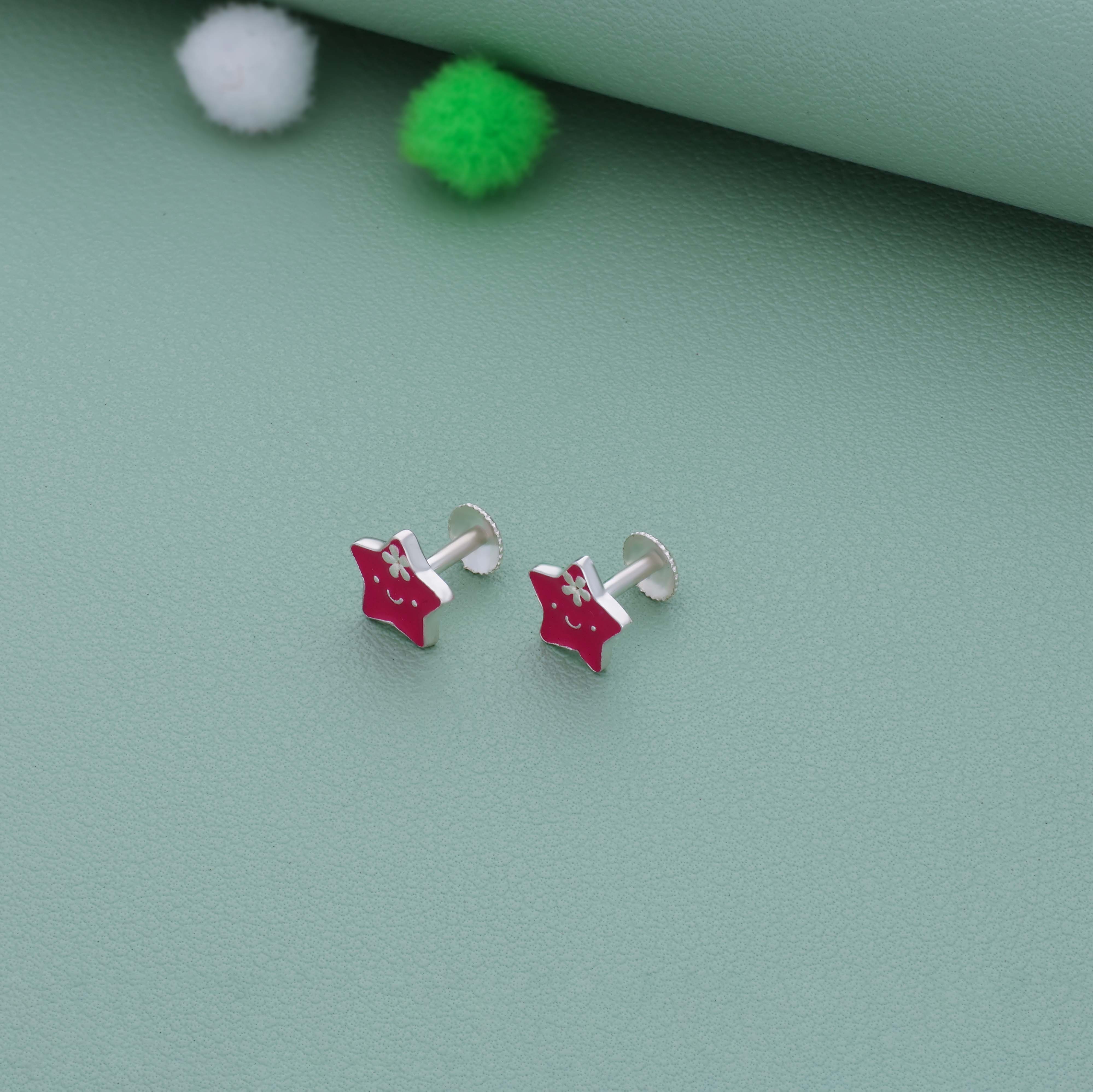 Cherry Red Star Silver Kid Stud Earring (6+ Yrs) | 925 Hallmark | Everyday Wear