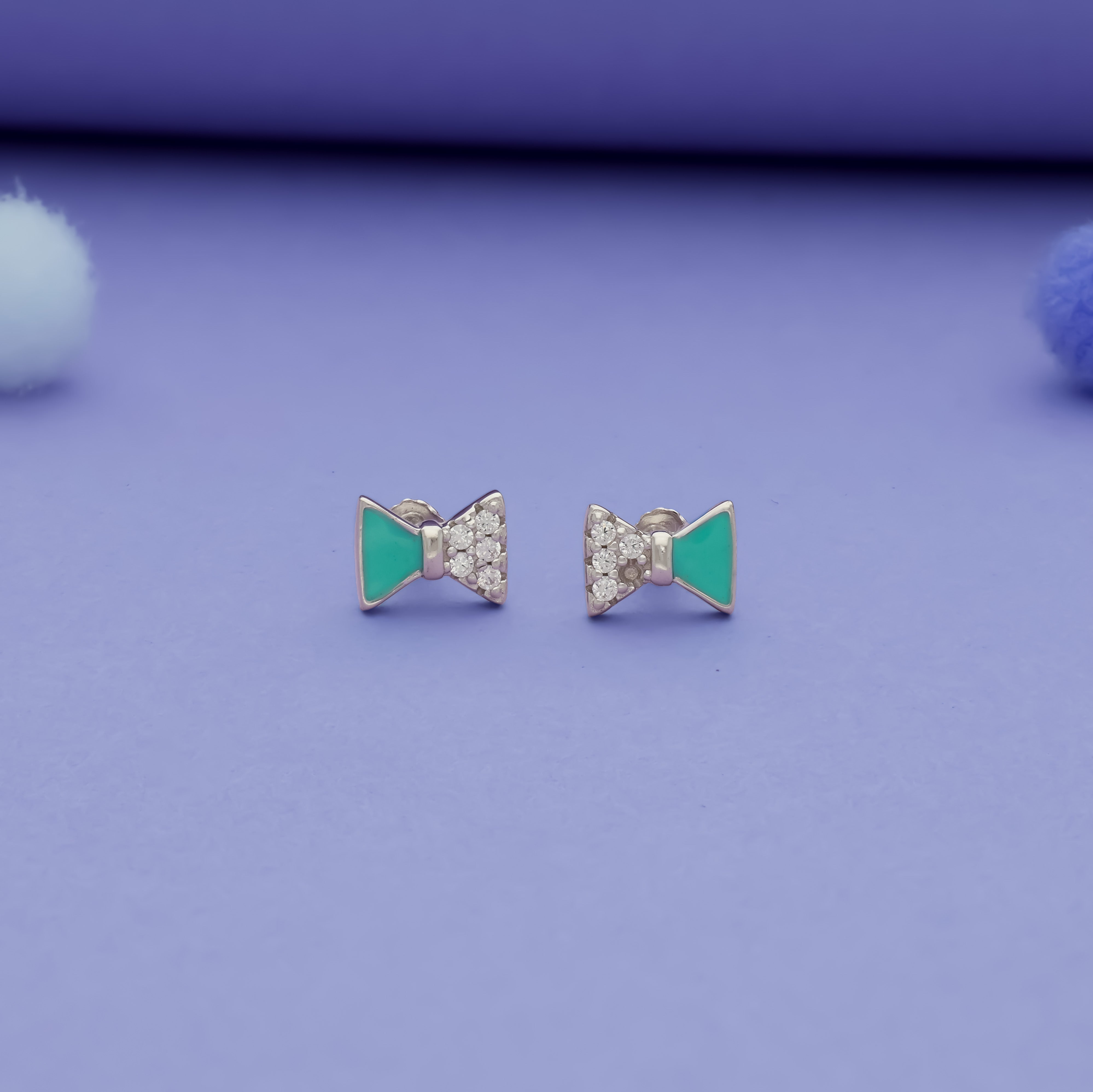 Green Bow 925 Silver Kids Earrings (3+ Yrs)