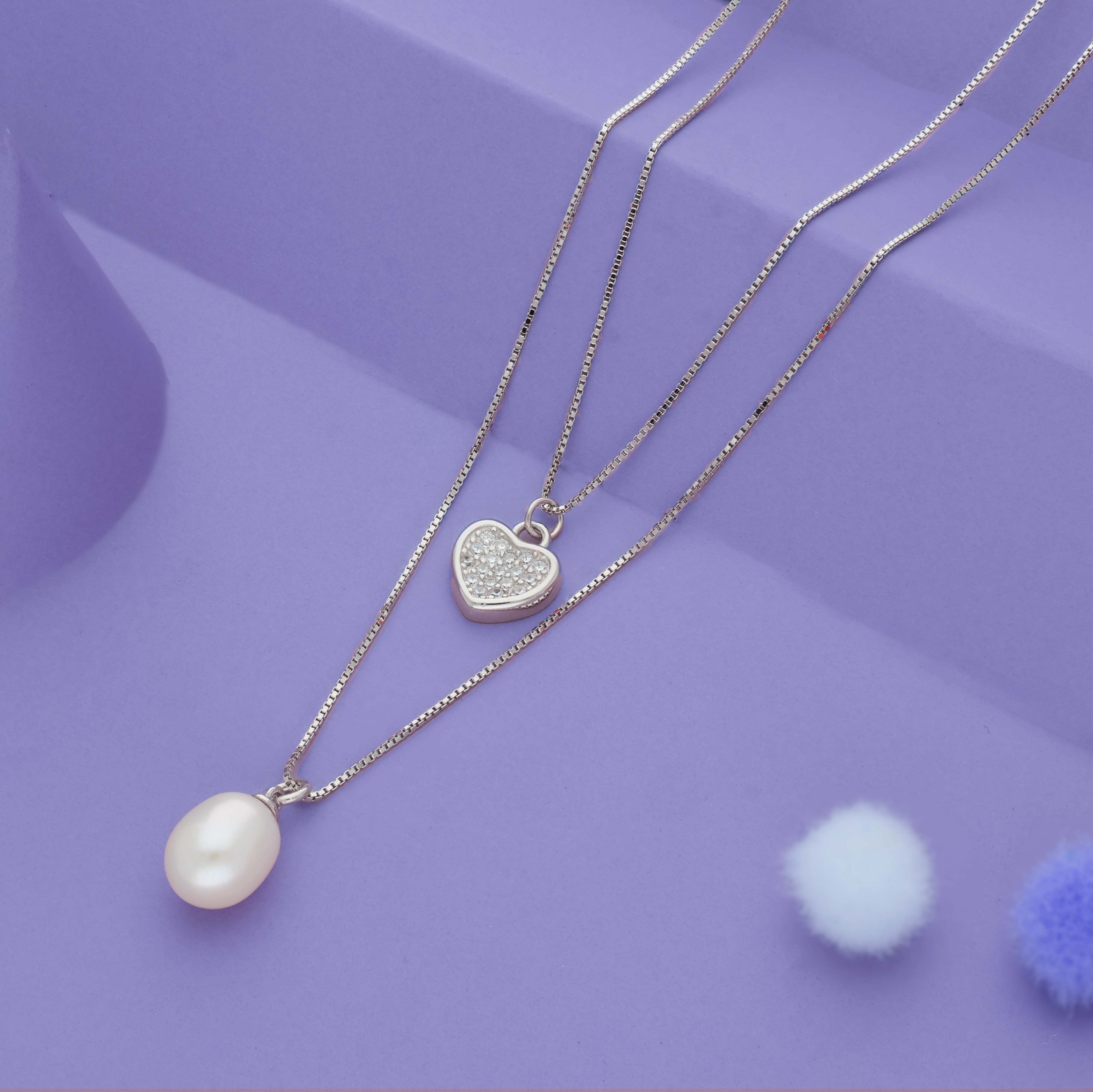 Layered Heart with Pearl Charm Silver Necklace | 925 Hallmark | Valentine’s Day Gift for Her