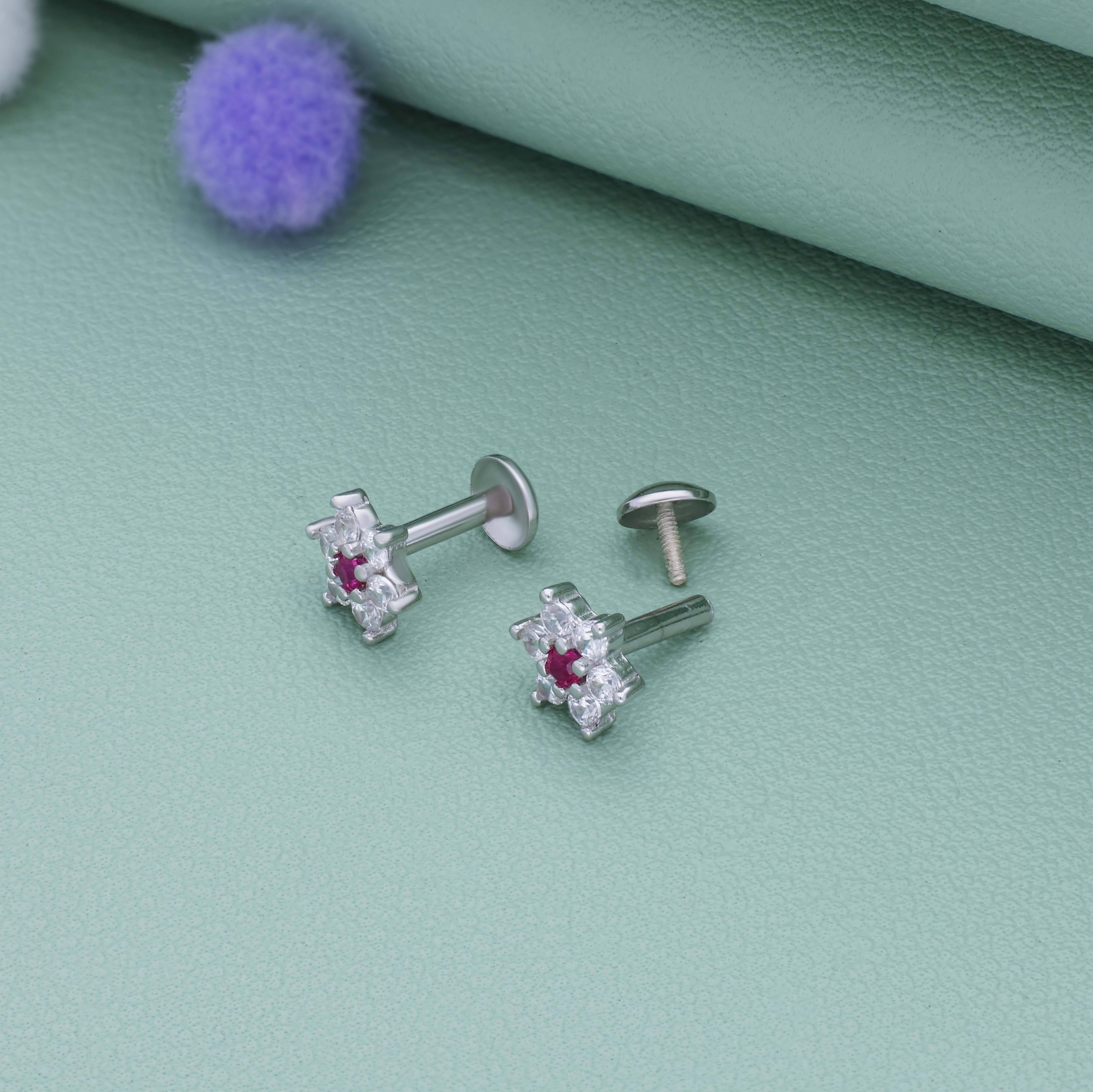 Pink Crystal Flower 925 Silver Stud for Kids & Teen(10+ Yrs)