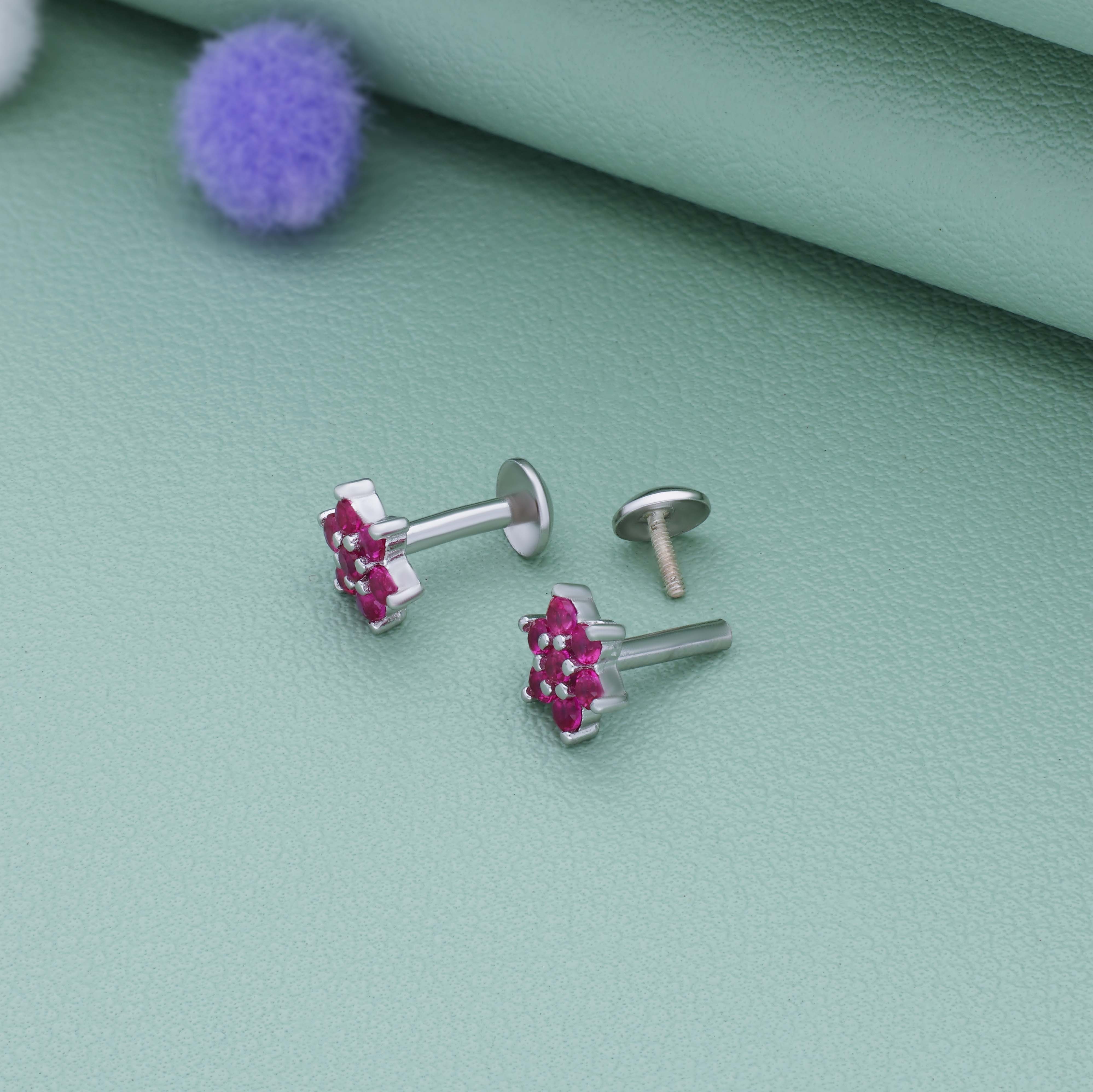 Pink Floral Crystal 925 Silver Stud Kid Drop Earring(6+ Yrs)