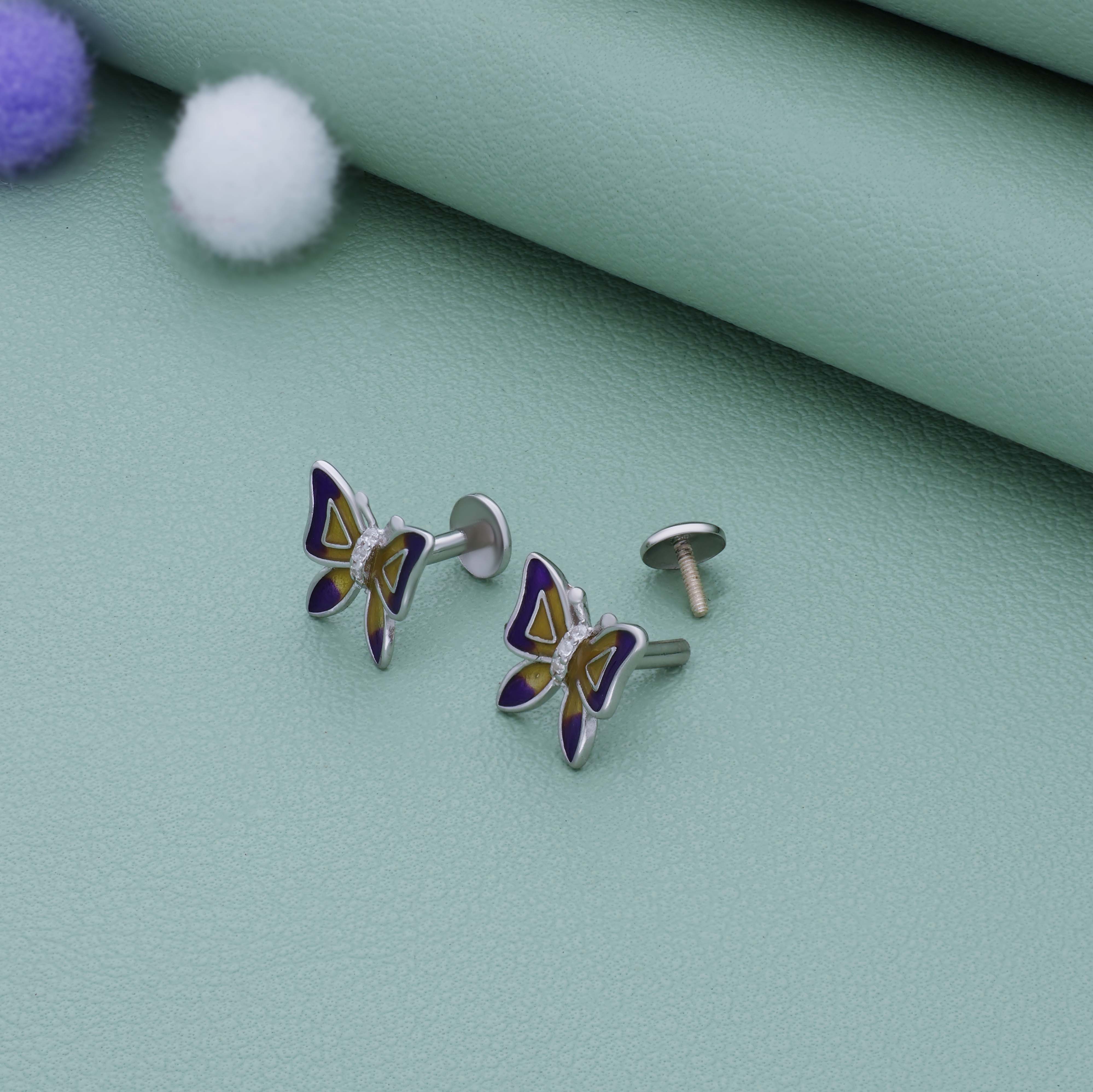 Purple & Gold Butterfly 925 Silver Stud Earring