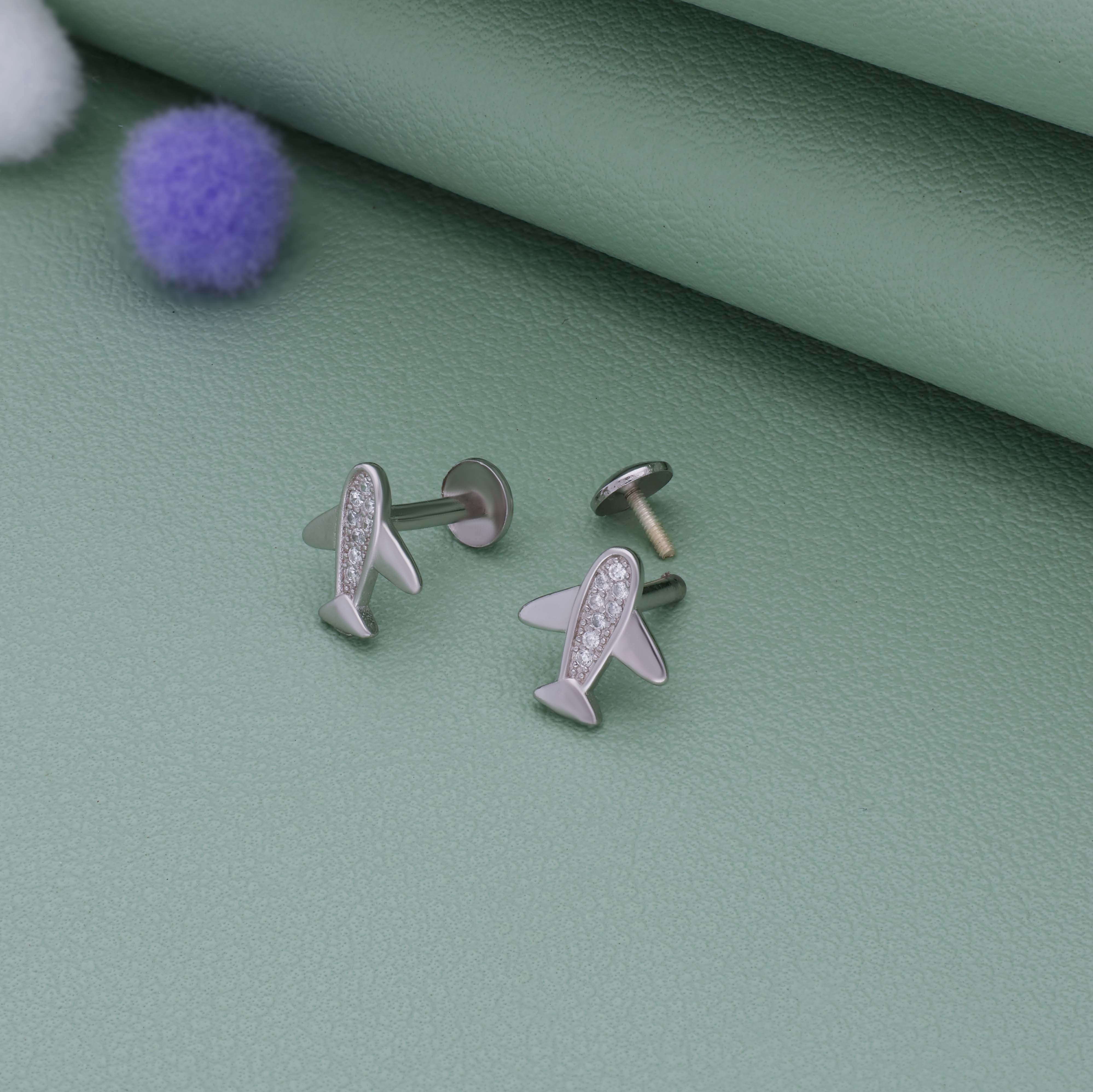 Sparkling Airplane 925 Silver Stud for Kids & Teen(10+ Yrs)