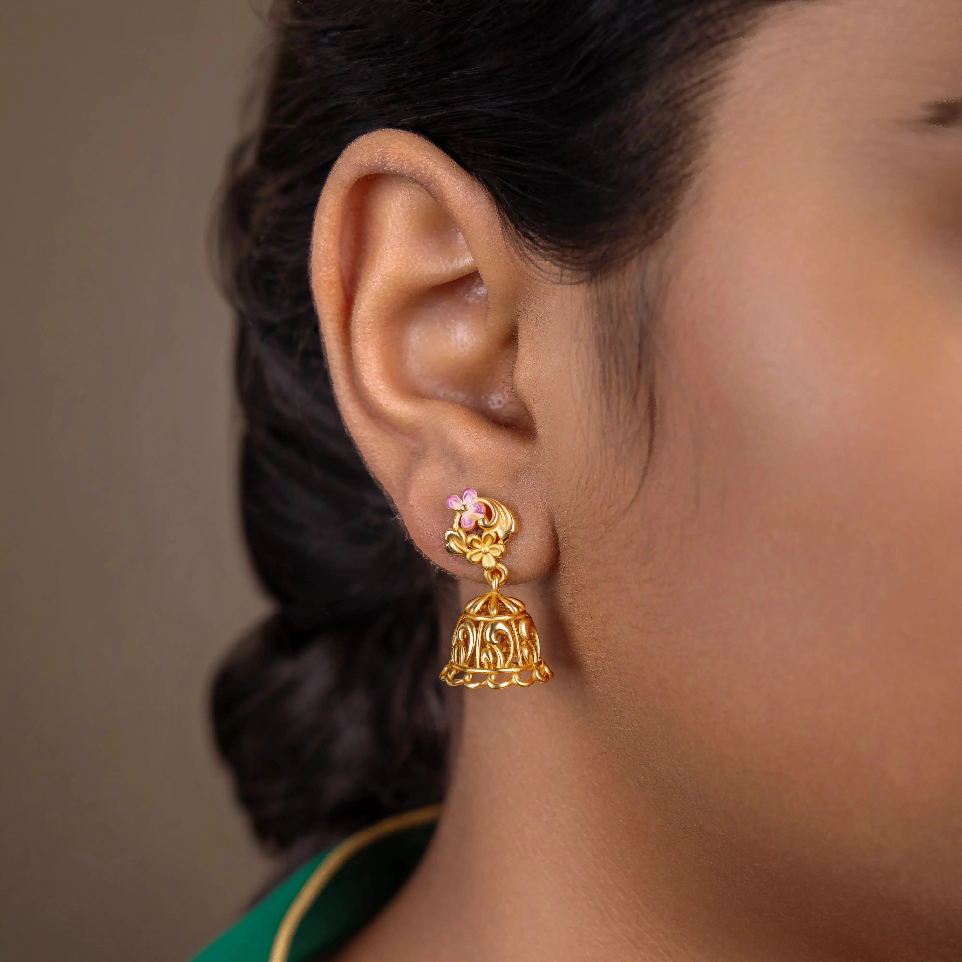 92.5 Silver Gold Plated Jhumkas with Pink Floral Design