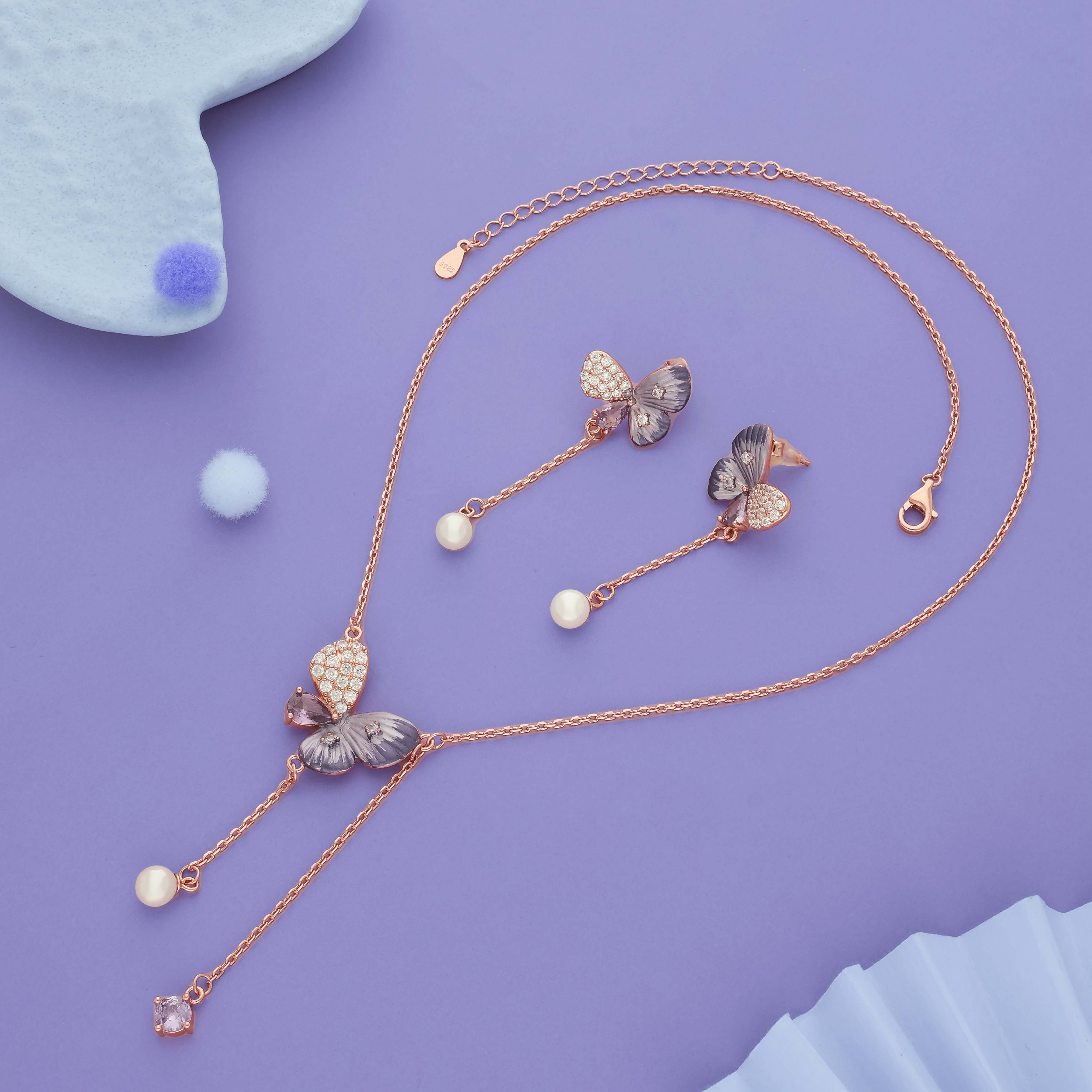 Angelwing Pearl Pendant Set Rose Gold Silver Necklace With Earrings | 925 Hallmark | Trendy Silver Necklace | Valentine’s Day Gift for Her