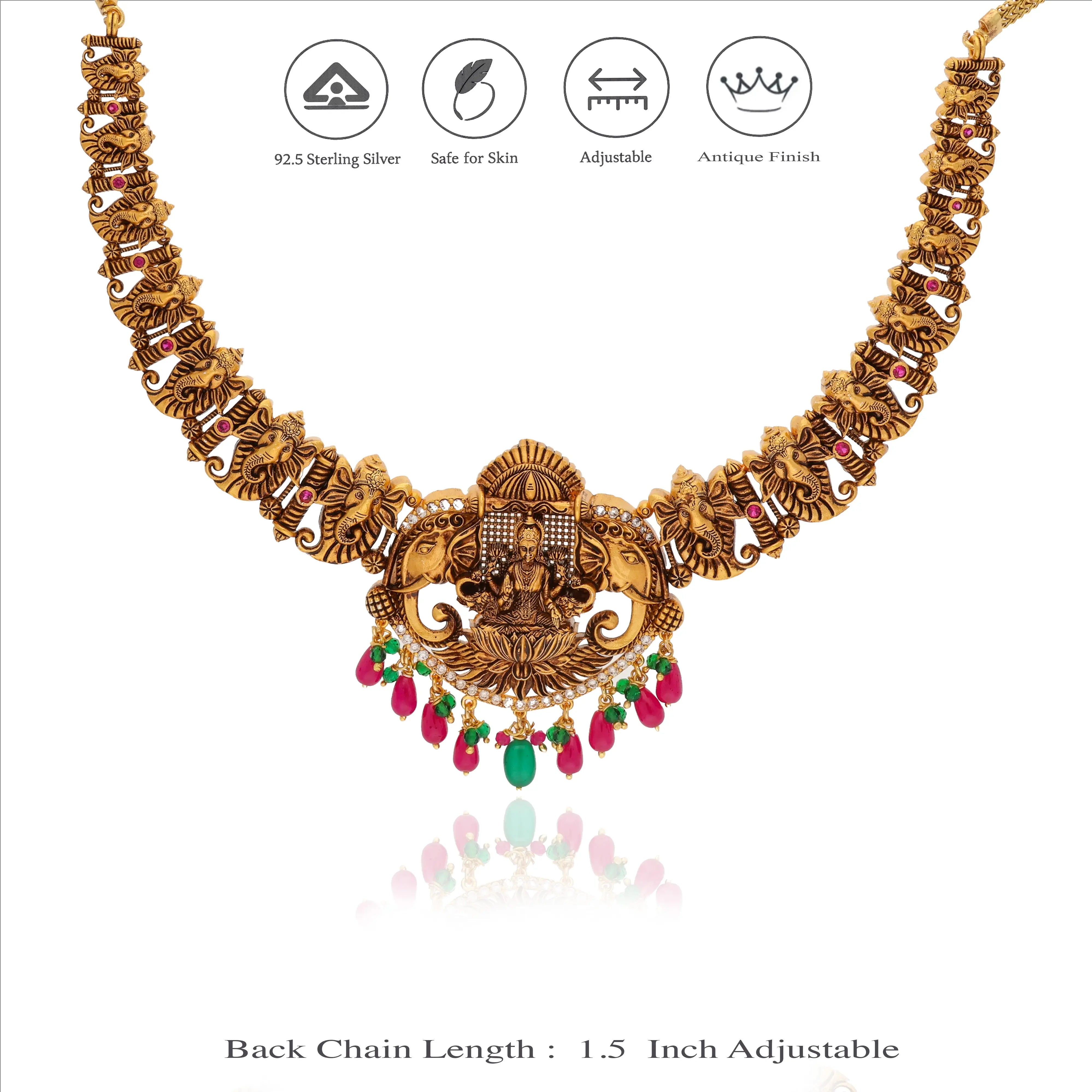 925 Silver Gold Polish Gaja Lakshmi Ganesha Temple Necklace