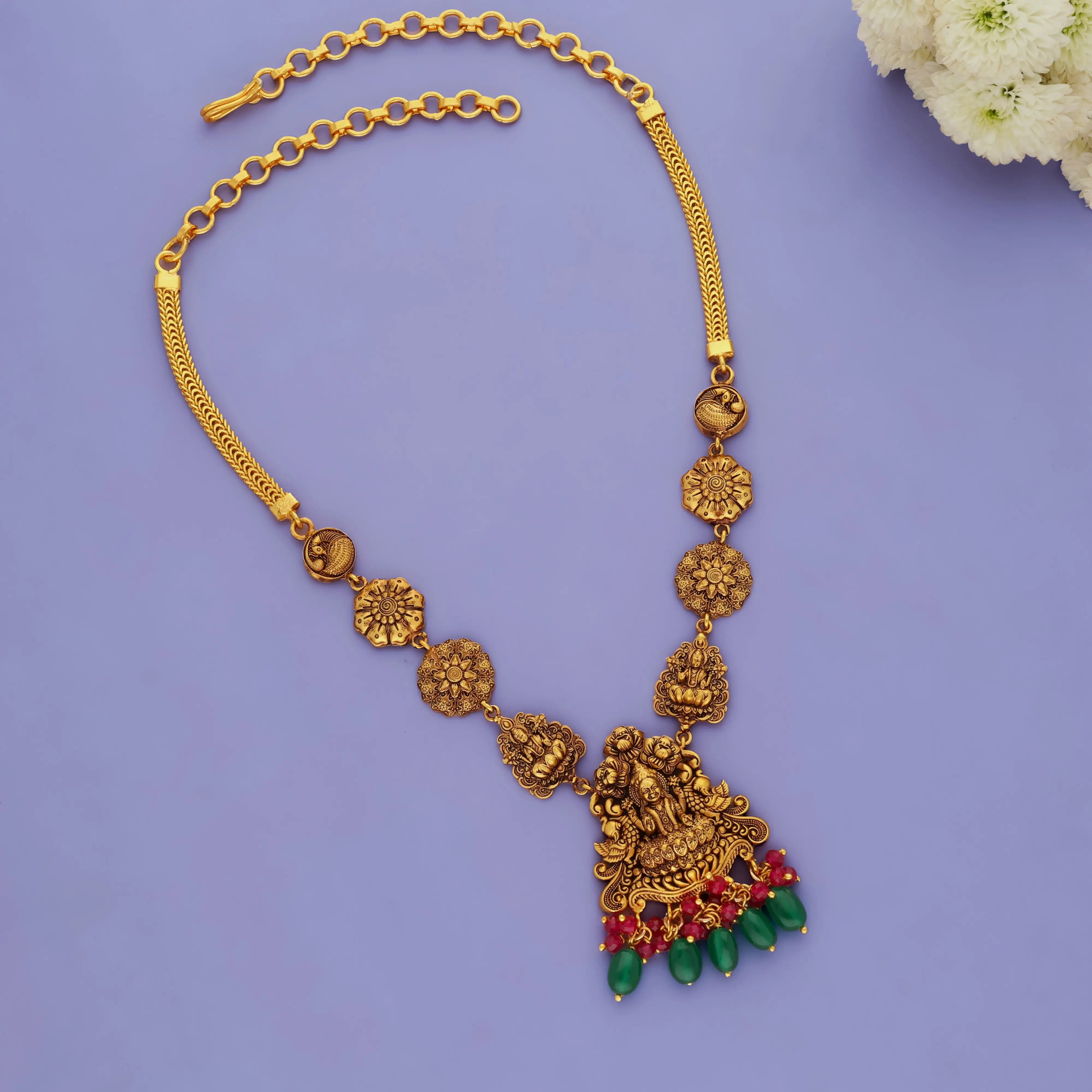 925 Pure Silver Gold Polish Lakshmi Long Haram Necklace