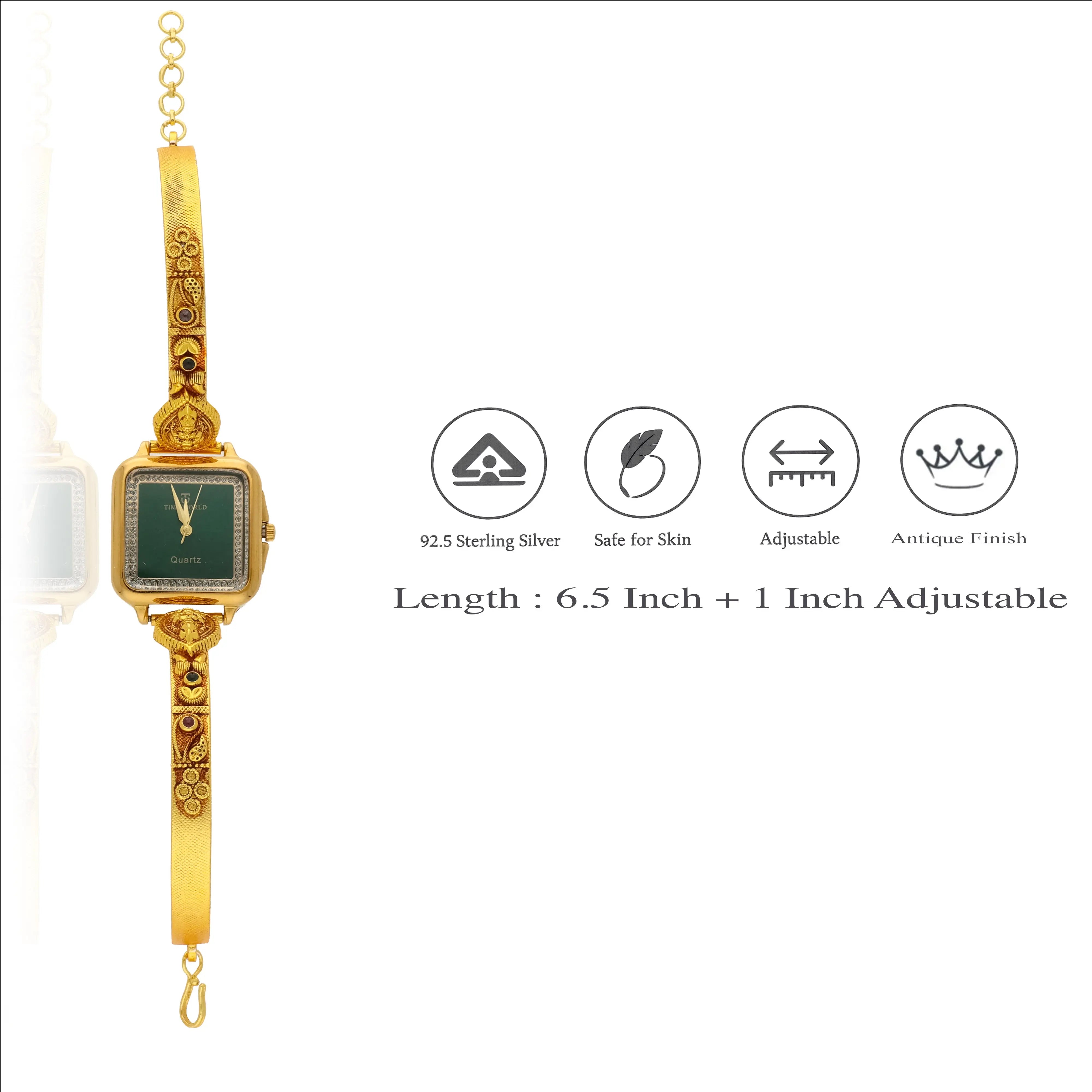 925 Silver Emerald Lakshmi Antique Gold Kada Watch