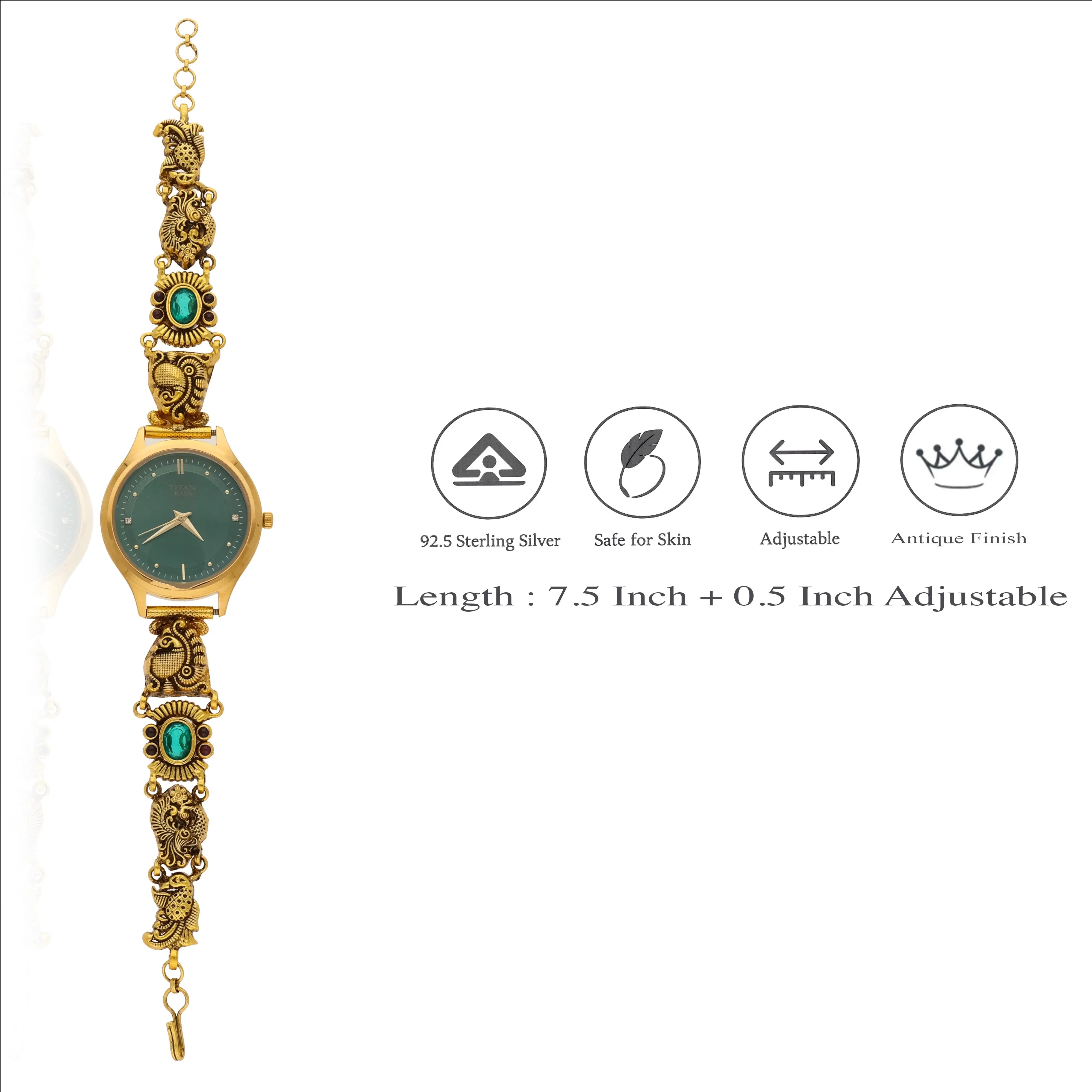 925 Silver Heritage Style Watch with Green Stone Design
