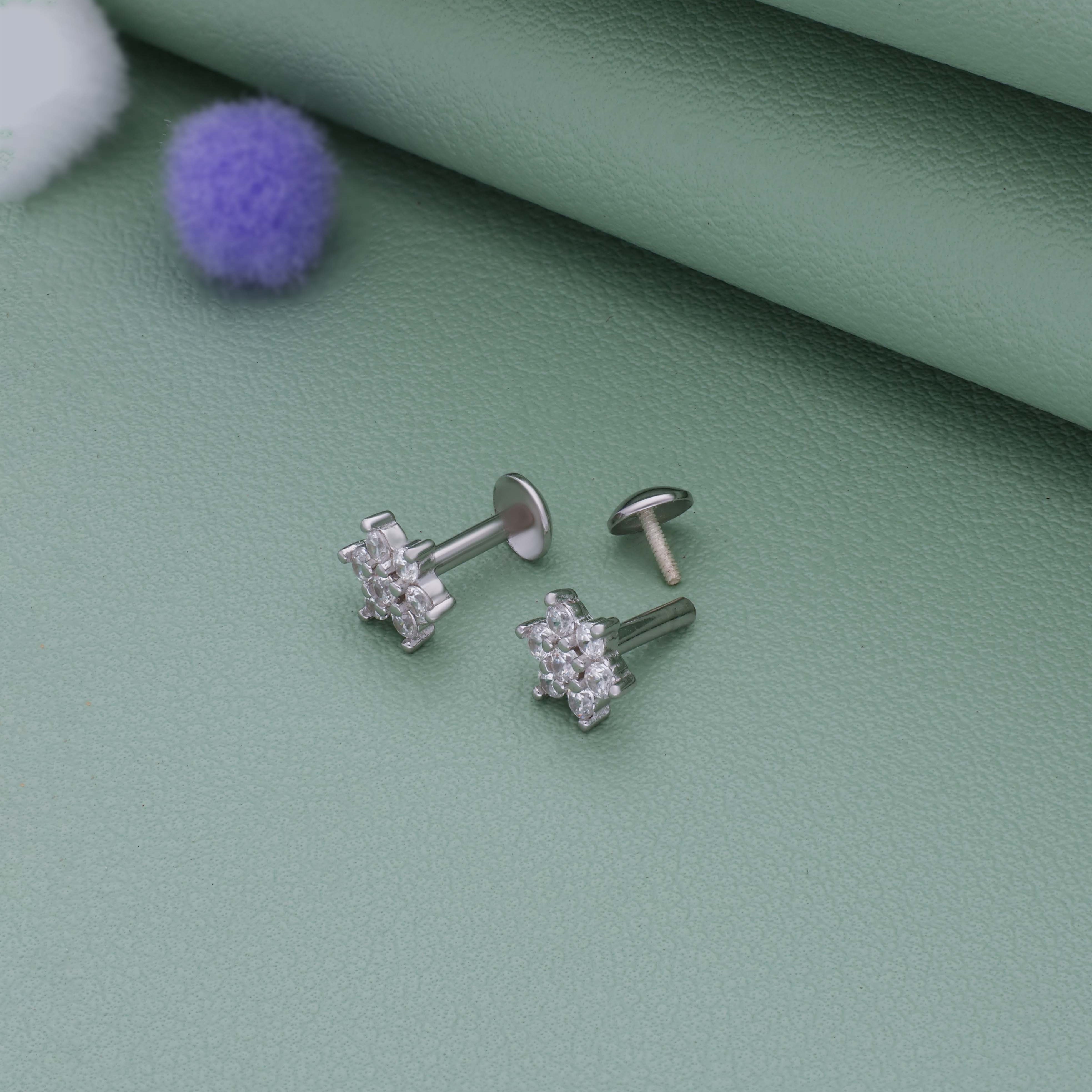 White Crystal Flower 925 Silver Stud for Kids & Teen(10+ Yrs)